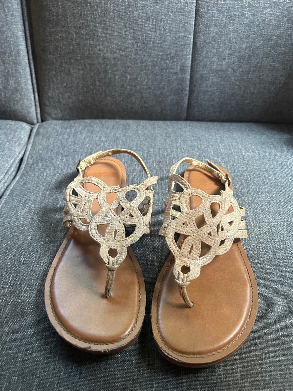 Kelly & Katie Metallic Gold Braided T-Strap Sandals